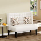 White Faux Leather Loveseat Settee, Modern Tufted Upholstered Bench with Back for Kitchen Dining Room Living Room, High Back Banquette Seating Sofa Couch with Wood Legs