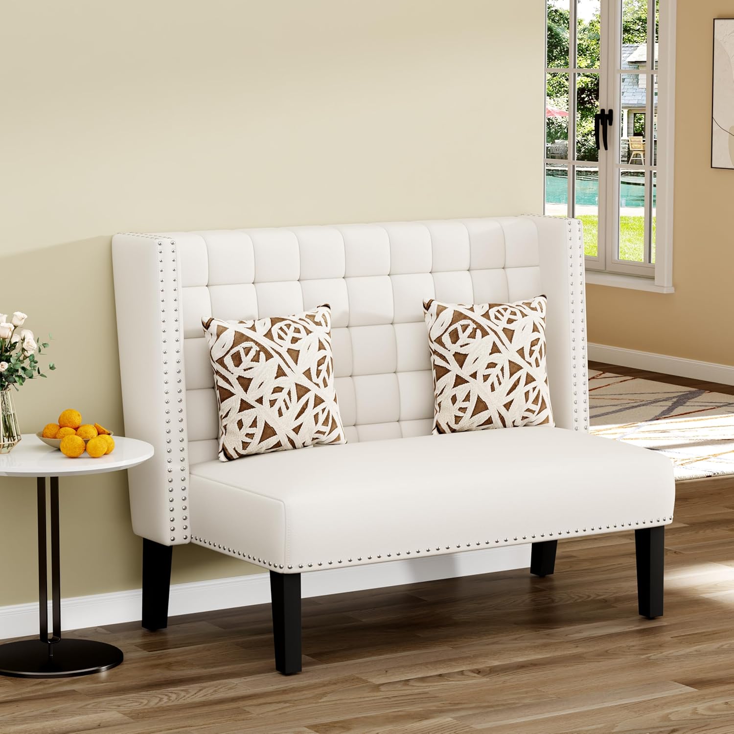 White Faux Leather Loveseat Settee, Modern Tufted Upholstered Bench with Back for Kitchen Dining Room Living Room, High Back Banquette Seating Sofa Couch with Wood Legs