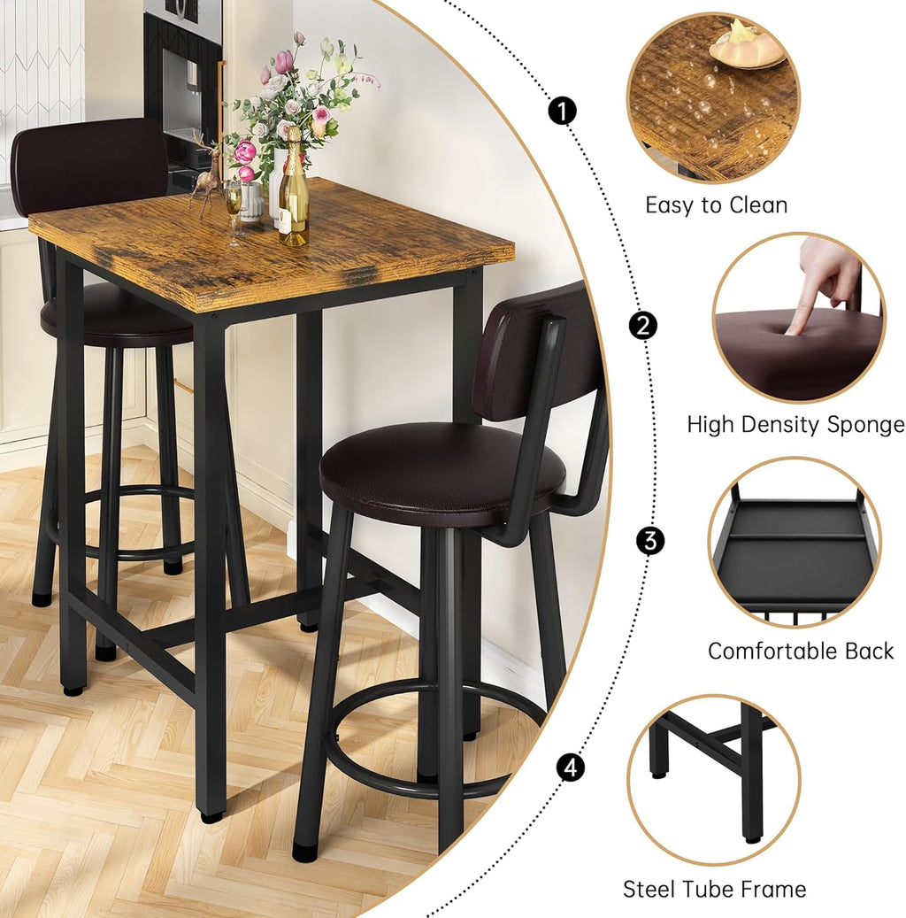 Recaceik 3 Piece Pub Dining Set, Modern bar Table and Stools for 2 Kitchen Counter Height Wood Top Bistro Easy Assemble for Breakfast Nook Living Room Small Space Restaurant, Rustic Brown 24”