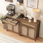 Sideboard Buffet Cabinet with Storage - 30" Rattan Boho Console Cabinets with Drawers, Mid Century Coffee Bar Cabinet for Entryway Living Room, Caramel Oak, Two Doors, Set of 2