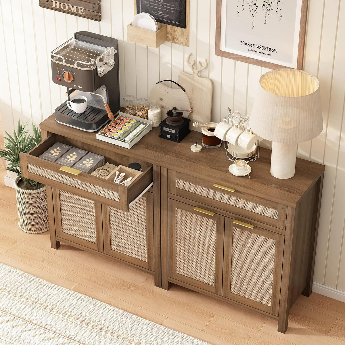 Sideboard Buffet Cabinet with Storage - 30" Rattan Boho Console Cabinets with Drawers, Mid Century Coffee Bar Cabinet for Entryway Living Room, Caramel Oak, Two Doors, Set of 2