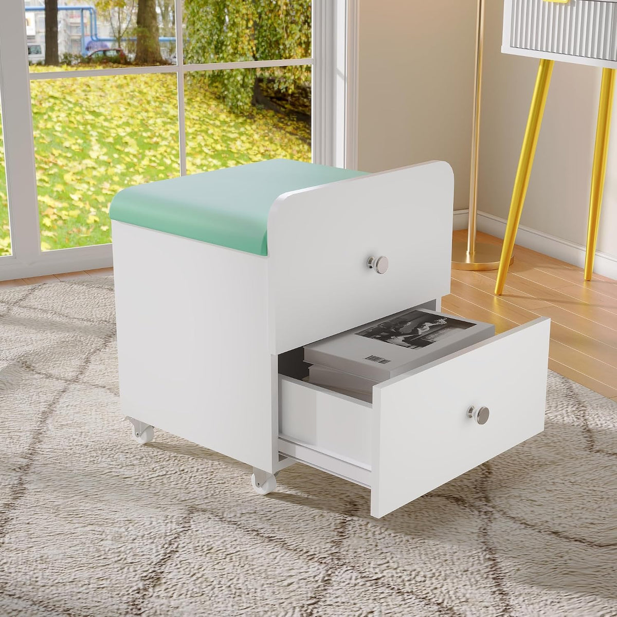 Garvee Vanity Stool Chair with Storage, 17.32" l x 15.16" w x 17.32" h PU Ottoman with Lockable Wheels & Storage Drawer, Modern Multifunctional Chairs for Makeup