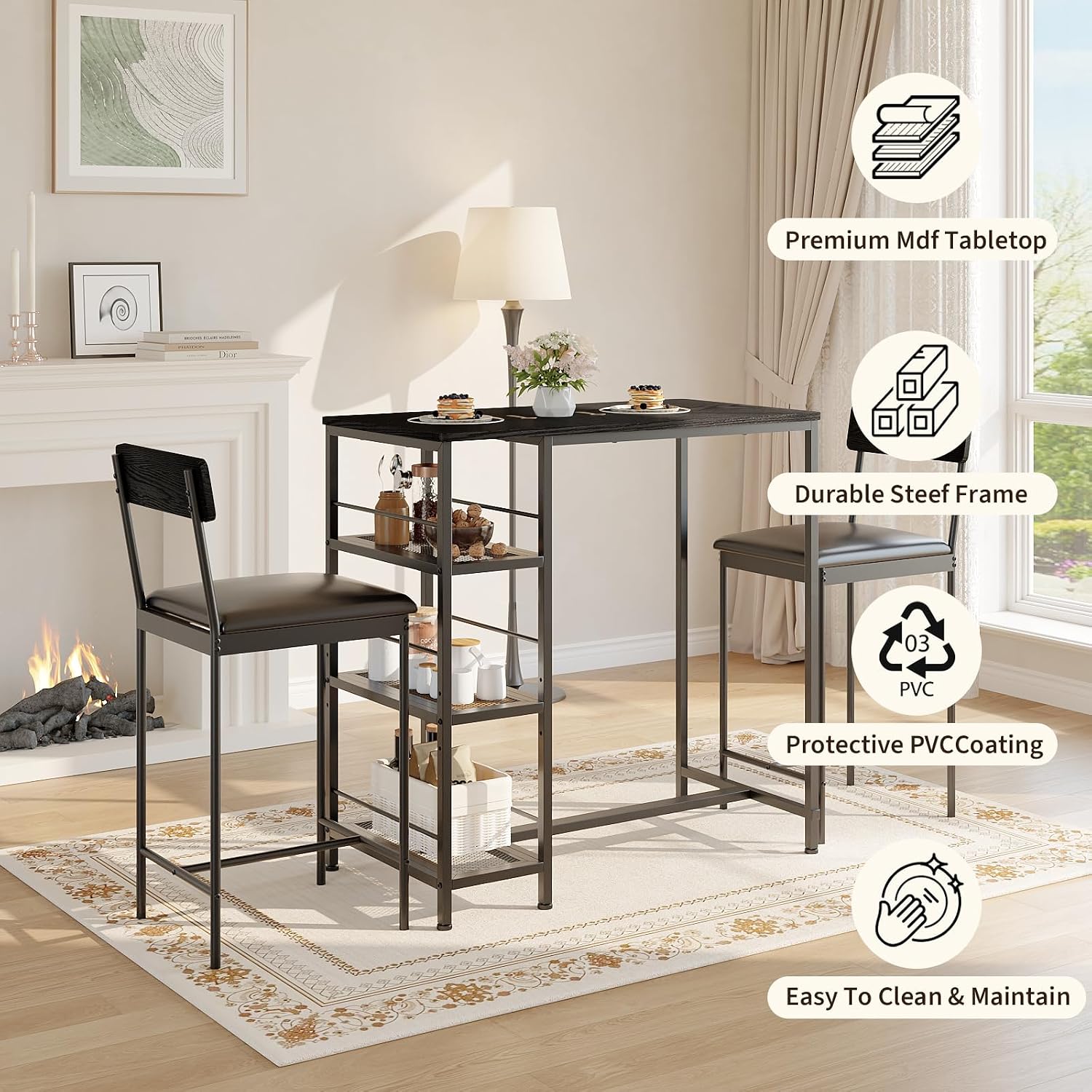 3-Piece Bar Table Set with 2 Bar Stools, Built-in Wine Rack and 3-Tier Storage Shelf, Industrial Metal Frame, Space-Saving Ideal for Small Kitchens, Apartments, and Breakfast Nooks