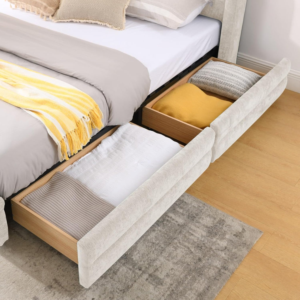 KEIKI Thick Chenille King Bed Frame with 4 Storage Drawer & Upholstered Tufted Cushioned Headboard, Modern Solid Wood Floor Platform Cloud Bed Frame for Bedroom, No Box Spring Needed, Beige