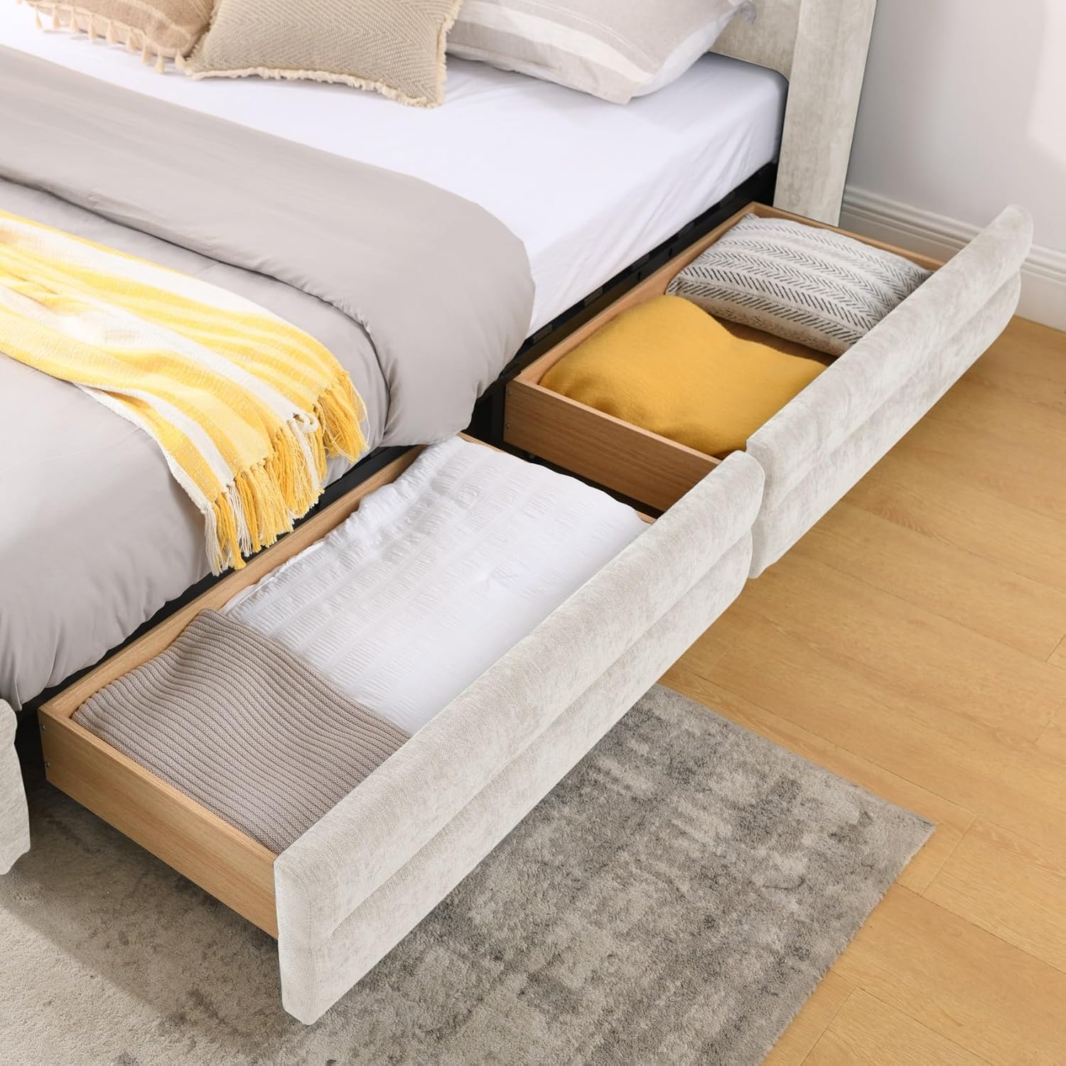 KEIKI Thick Chenille King Bed Frame with 4 Storage Drawer & Upholstered Tufted Cushioned Headboard, Modern Solid Wood Floor Platform Cloud Bed Frame for Bedroom, No Box Spring Needed, Beige