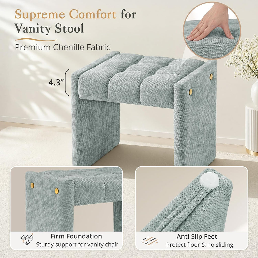 LUE BONA Modern Grid Tufted Vanity Bench Stool, 4.33'' Thick Chenille Upholstered Ottoman Footstool for Makeup Room, Bedroom & Living Room, 200lbs Capacity, Smoky Blue
