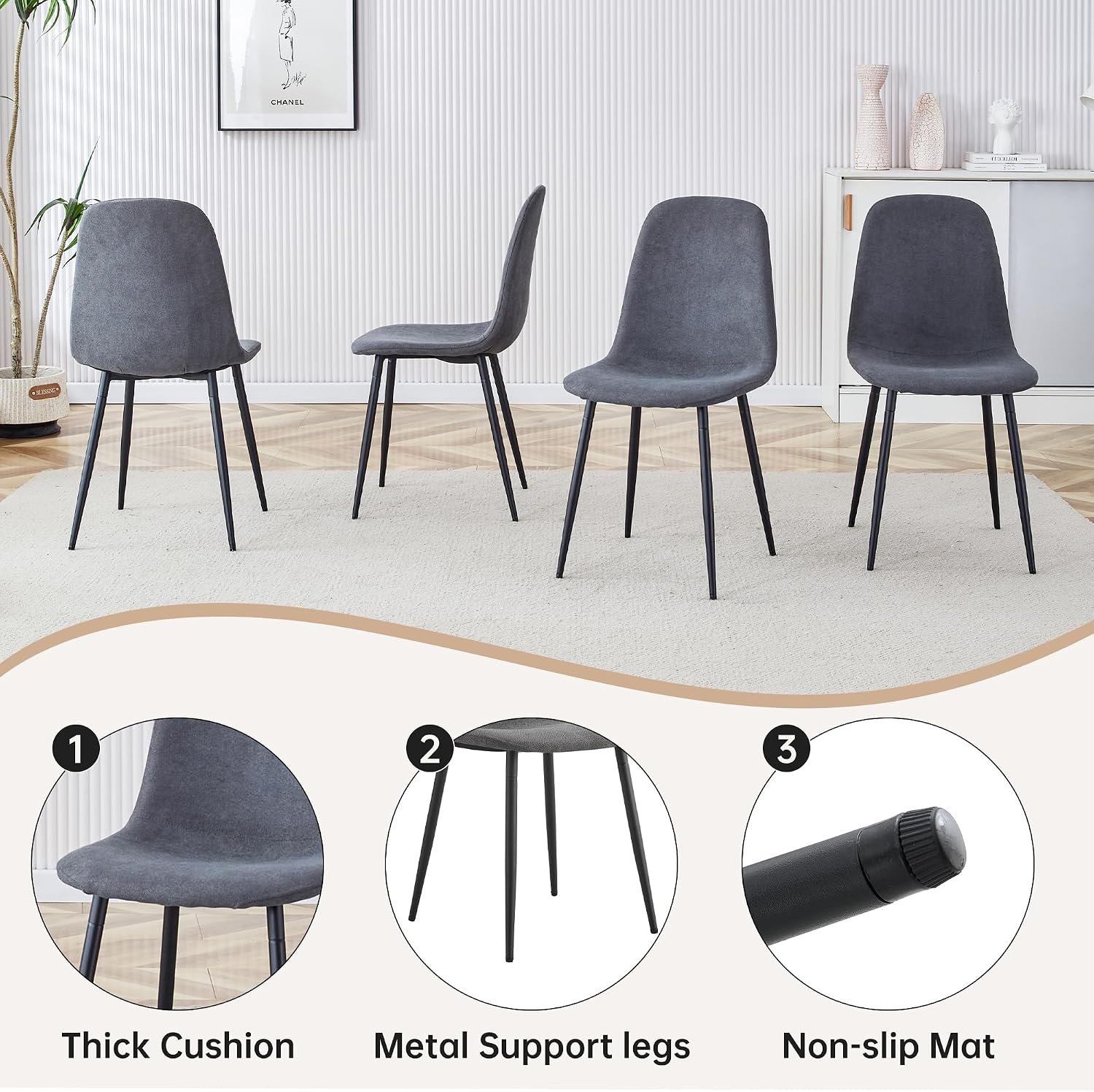 55" Black Dining Table Set for 6, 7 piece Modern Dining Table Set with Farbic Chairs, Farmhouse Kitchen Table Chairs Set of 6 Suit for Living Dining Room Furniture, Sturdy and Easy-to-Clean