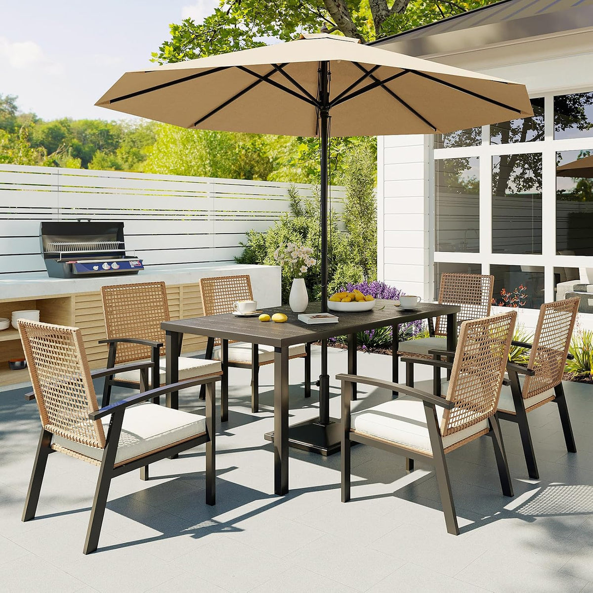 Aoxun 7-Piece Wicker Patio Table and Chairs Set for 6 with Umbrella Hole