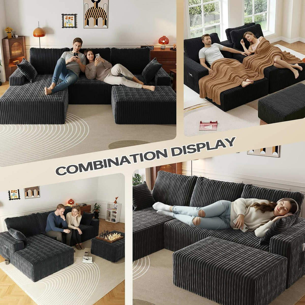 108" U-Shape Modular Sectional Cloud Couch with Ottoman, Deep Seat Couch with Oversized Chaise Lounge, Comfy Flannel Fabric Sofa for Living Room Bedroom Apartment Game Room Basement