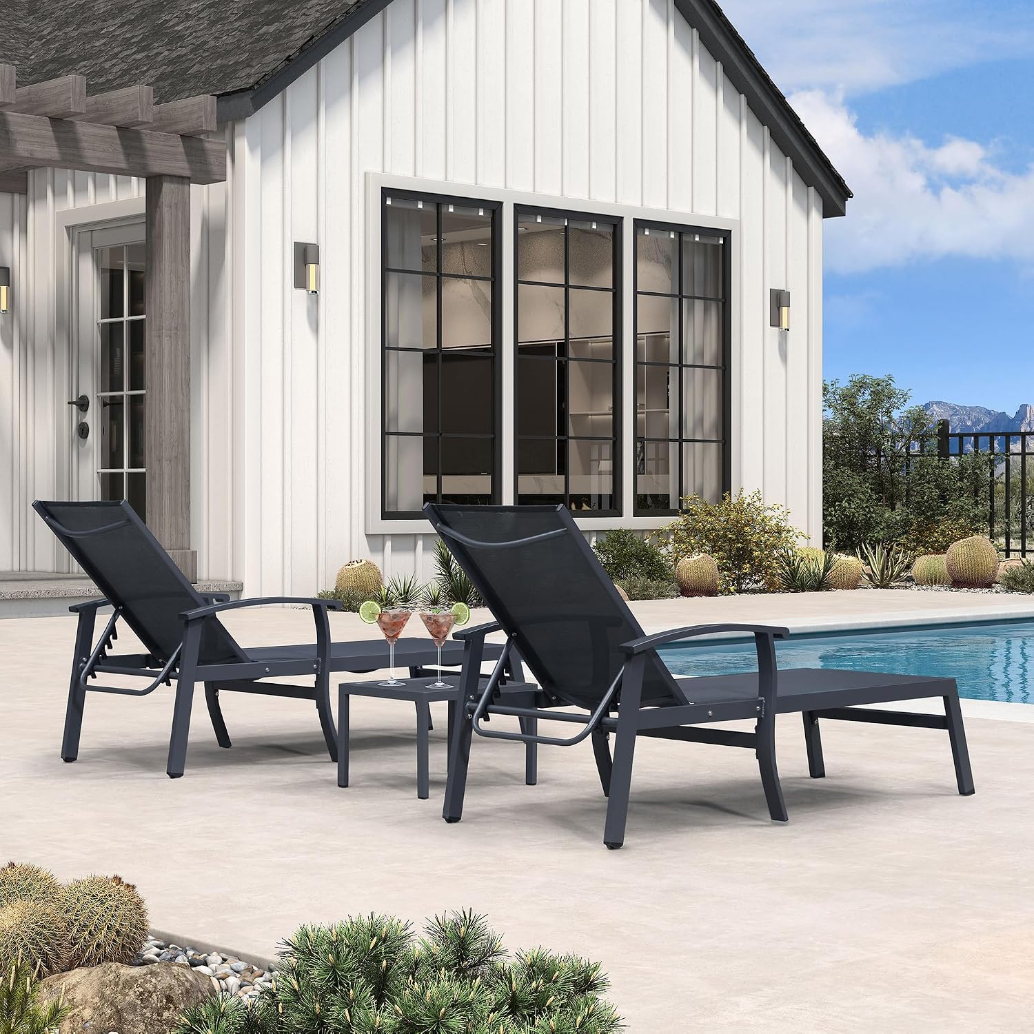 PURPLE LEAF Chaise Lounge Chair Outdoor 2 Pieces Pool Lounge Chairs 5 Adjustable Position with Armrests and Side Table, Aluminum Patio Lounge Chair for Outside, Backyard, Pool, Grey