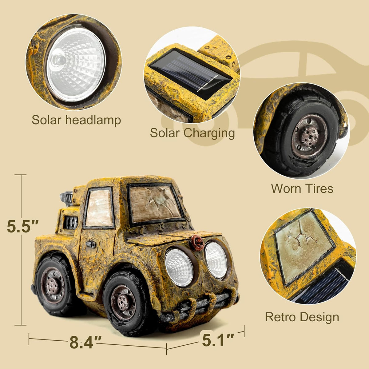 Garden Statue Outdoor Solar Car Decor with LED Light Vintage Resin Sculpture Construction Vehicle Rustic Decoration for Lawn Patio Yard Gifts for Women