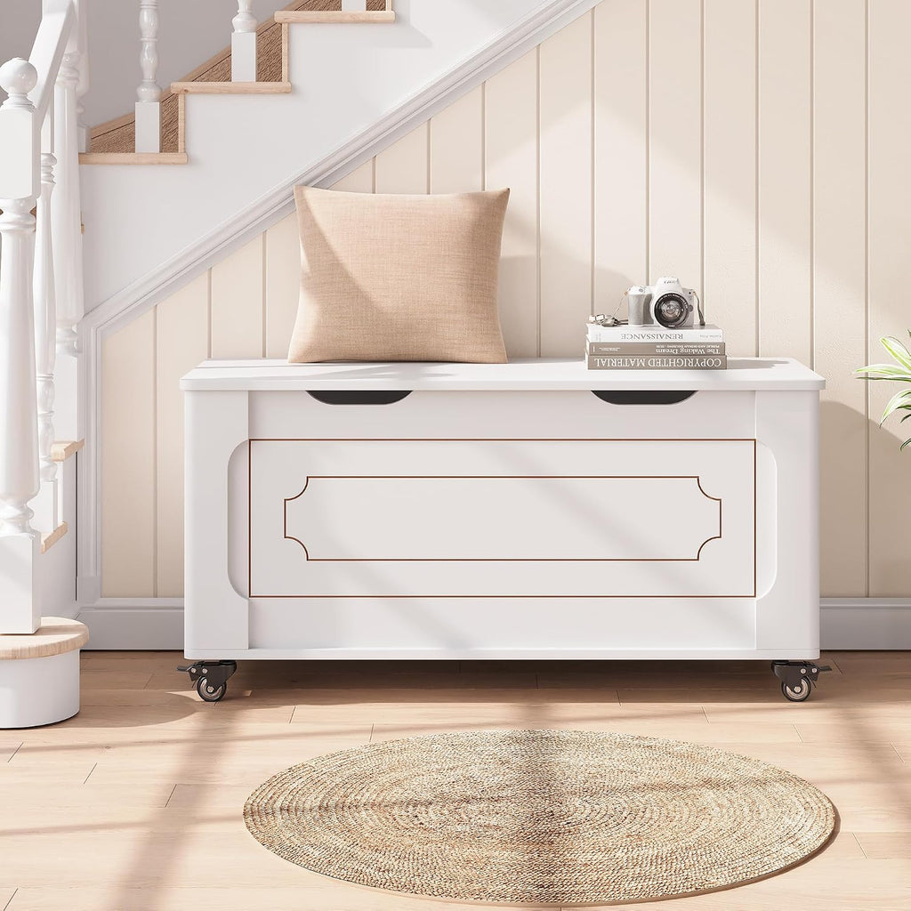 IDEALHOUSE Storage Chest, 39.4" Storage Bench Wooden Storage Trunk, White | Supports 350 lbs ＆ Safety Hinges, Lift-Top Entryway Bench, Shoe Bench for Entryway, Bedroom, Living Room, Modern Style