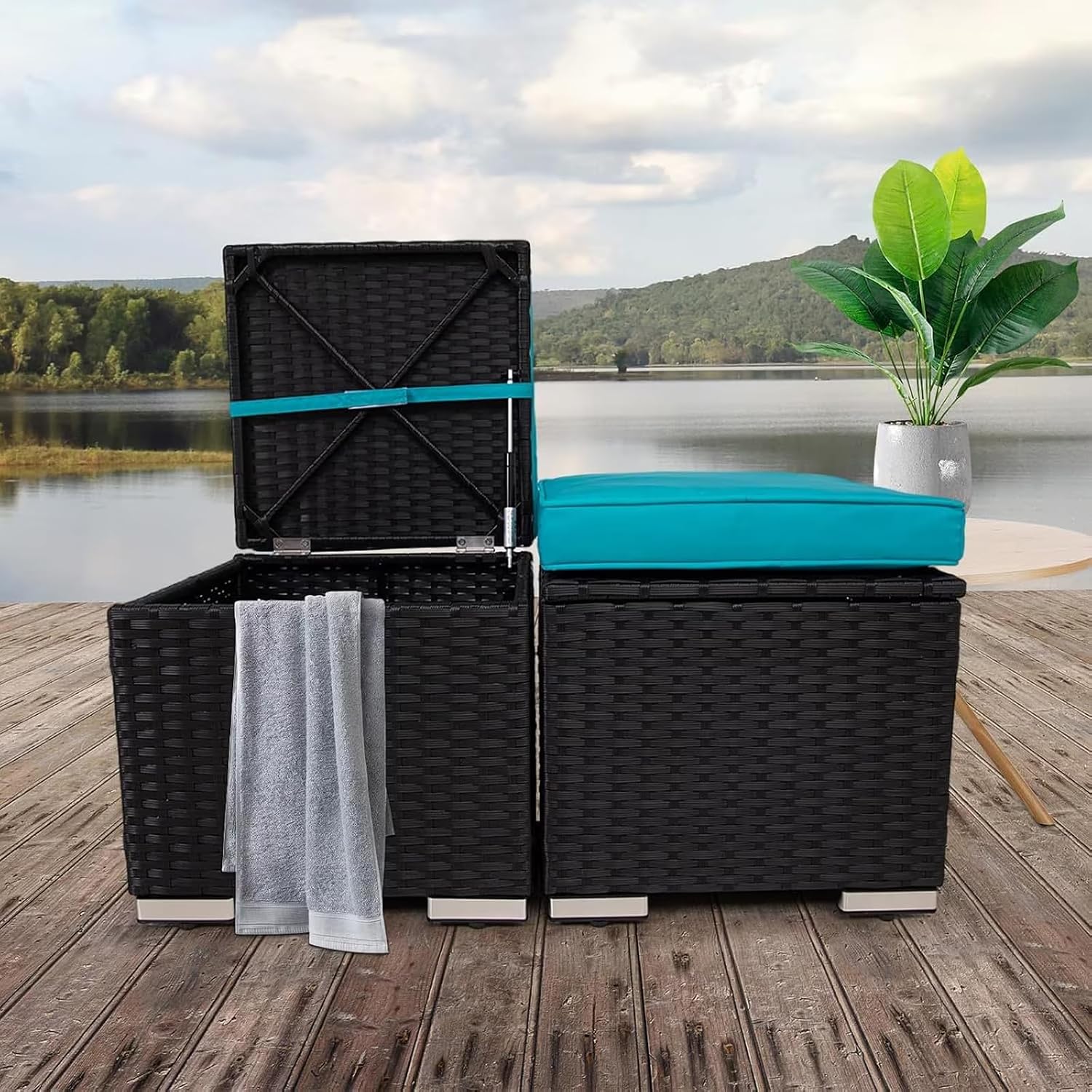 2 Wicker Ottomans, Multipurpose Outdoor Patio Ottoman Furniture, Additional Seating & Footrest, Outdoor Patio Storage Seating with Removable Cushions for Patio, Backyard (Blue)