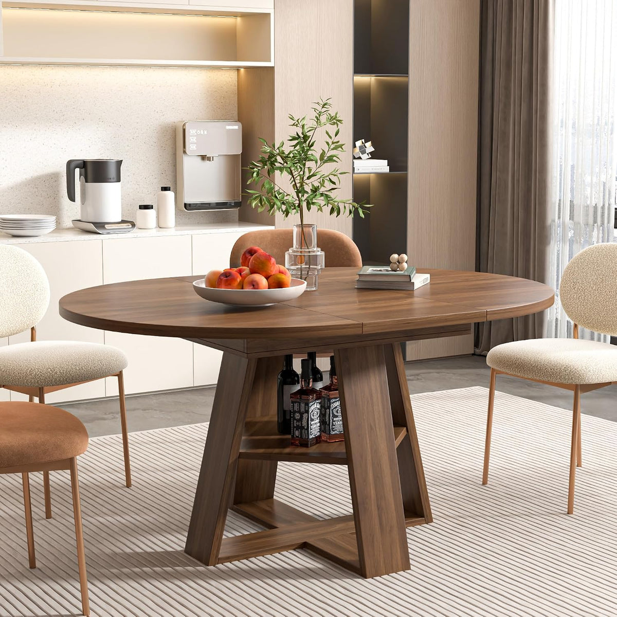 43.3"-59" Extendable Round Oval Dining Table for 4-8 with Storage Shelf | Modern Kitchen Oval Dining Table with Removable Leaves,Space Saving Extendable Table Wood Base for Kitchen Living Room Walnut