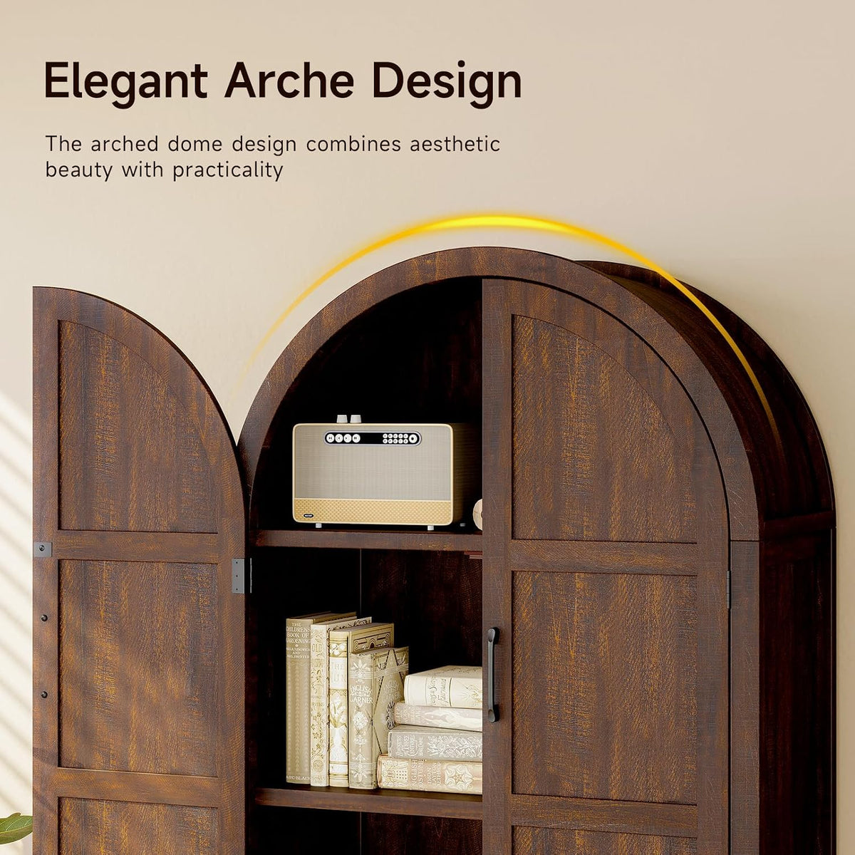 ONBRILL 71" Tall Wooden Arched Cabinet, 5-Tier Arched Kitchen Pantry Cabinet with Doors & Shelves, Farmhouse Kitchen Arch Cabinets with Adjustable Feet, Wooden Pantry Storage for Dining Room(Brown)