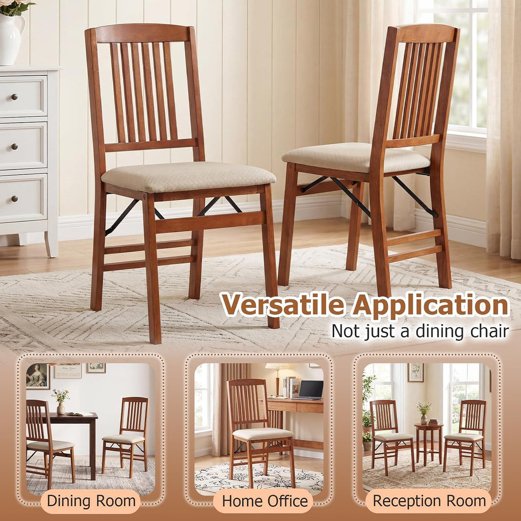 Giantex Folding Dining Chairs Set of 2, Foldable Wood Kitchen Chairs with Padded Seat, Max Load 420 Lbs, No Assembly, Wooden Dining Room Chair, Armless Side Chair for Home Apartment, Fruitwood & Beige