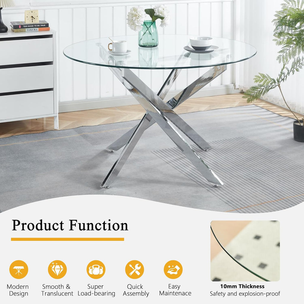 Round Glass Dining Table Set for 4, Small Kitchen Table Set for 4, 47" Round Glass Table and Chairs Set of 4, 5 Piece Round Dining Room Table Set with Grey Velvet Chairs for Breakfast Dinette Cafe