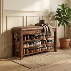 Shoe Rack Bench Entryway Storage with Leather Cushion, Shoe Organizer Bench for Entryway, Front Doors Entrances Hallway,Mudroom,Closet, Bedroom,Solidwood 3 Height-Adjustable Removable Shelve,31.5"