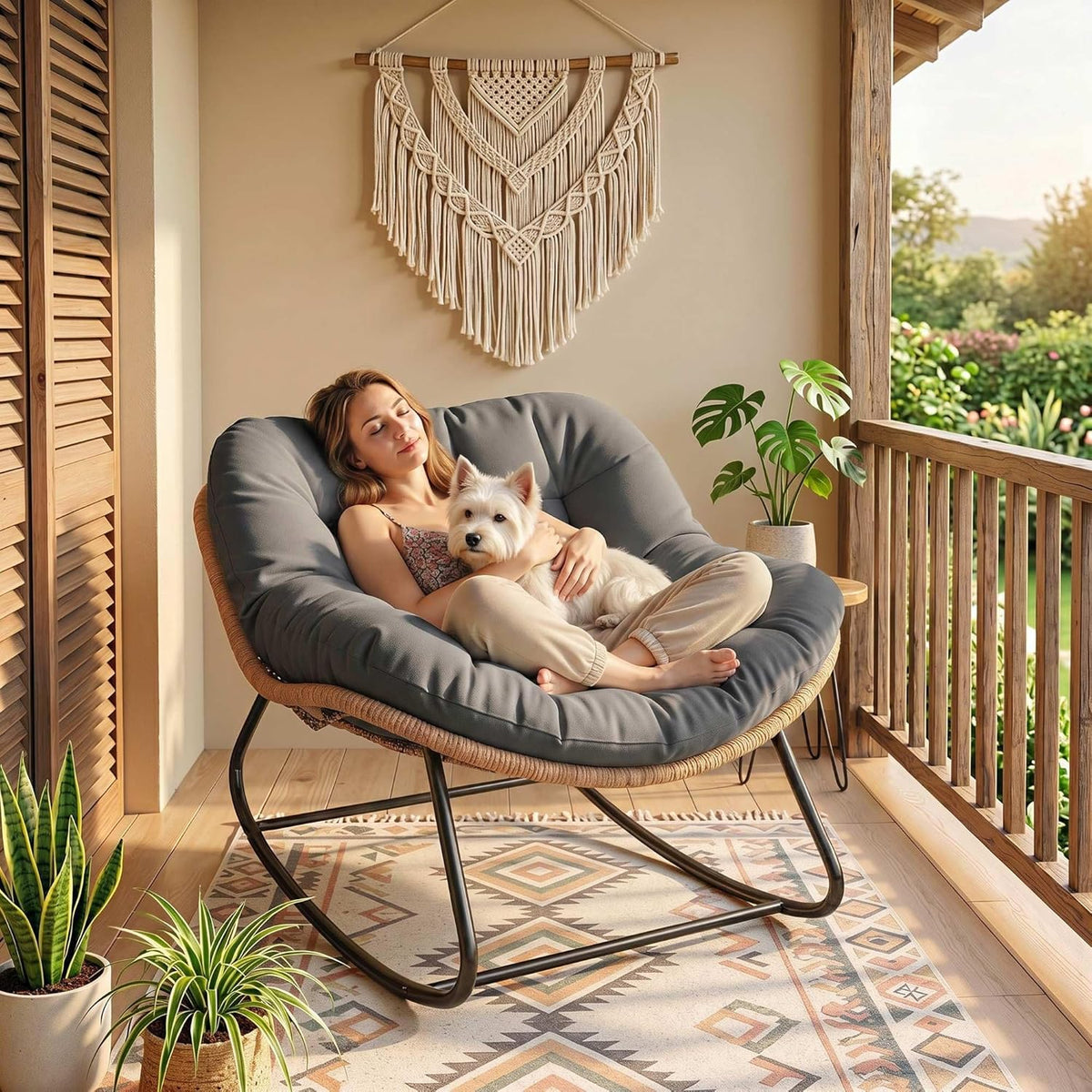 Outsunny Papasan Rocking Chair, Wicker Oversized Indoor Outdoor Rocking Papasan Chair with Cushion, PE Rattan Outdoor Rocker Egg Chairs for Living Room, Garden, Patio, Balcony, Dark Gray