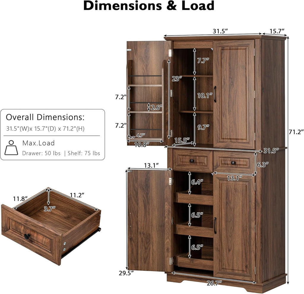 Ball & Cast 71" Farmhouse Kitchen Pantry Cabinet with 3 Pull-Out Organizers, Tall Storage Cabinet with 4 Doors, 2 Drawers, 6 Door Shelves & Adjustable Shelves, Freestanding Cupboard, Rustic Brown