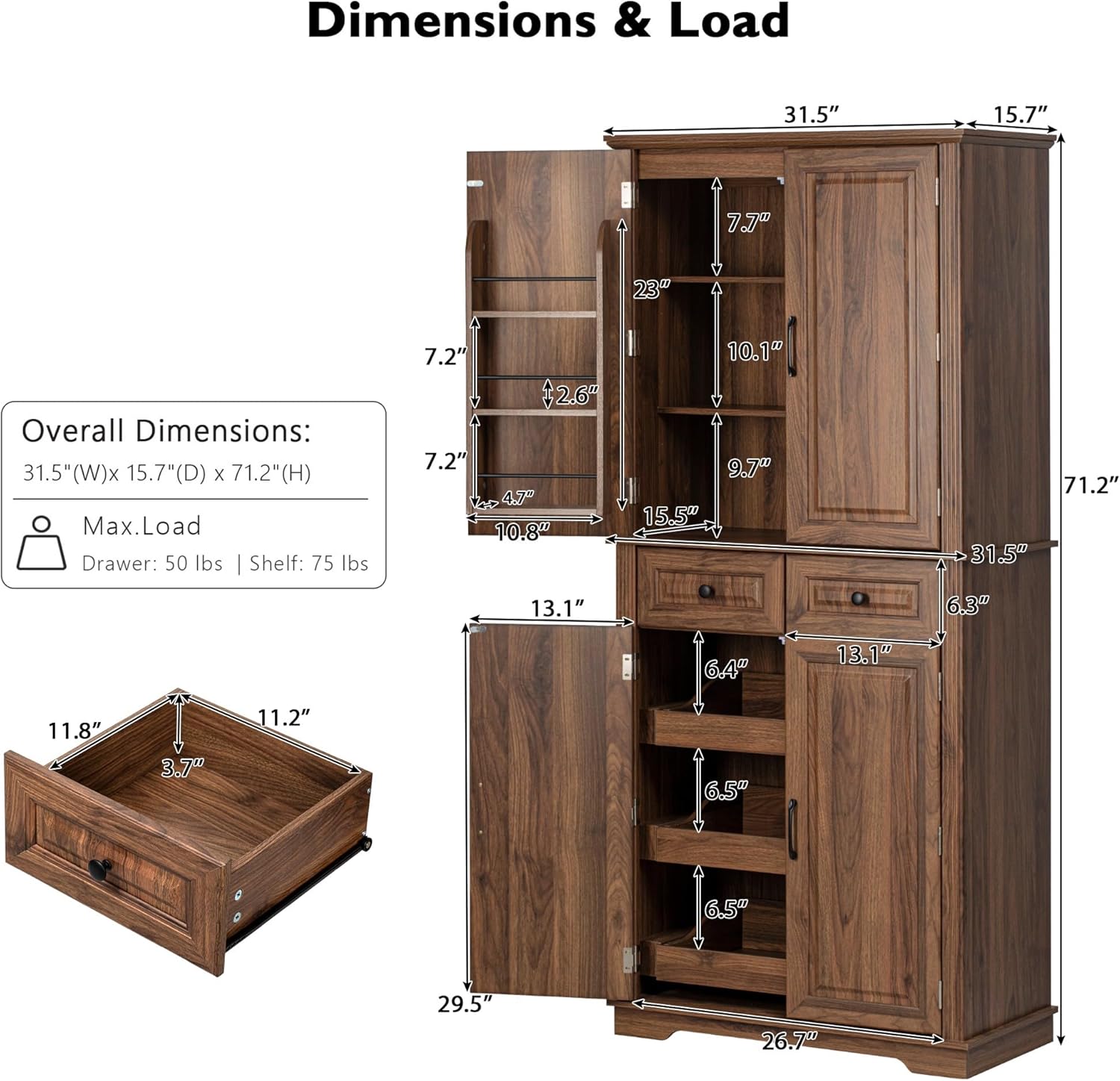 Ball & Cast 71" Farmhouse Kitchen Pantry Cabinet with 3 Pull-Out Organizers, Tall Storage Cabinet with 4 Doors, 2 Drawers, 6 Door Shelves & Adjustable Shelves, Freestanding Cupboard, Rustic Brown