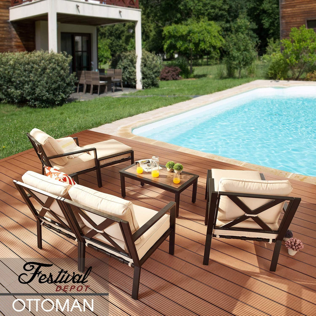 Festival Depot Dining Outdoor Patio Bistro Furniture Ottoman Footstool with Slatted Steel Frame Legs with Embed Premium Fabric Soft & Comfortable 4.3" Cushion Foot Rest for Garden Yard All-Weather
