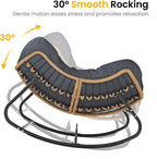 Oversized Papasan Rocking Chair Outdoor, Comfy Wicker Patio Papasan Egg Rocker with Thick Cushion for 450 lbs, Indoor Lounge Reading Chair for Living Room, Porch, Garden, Balcony-Dark Gray