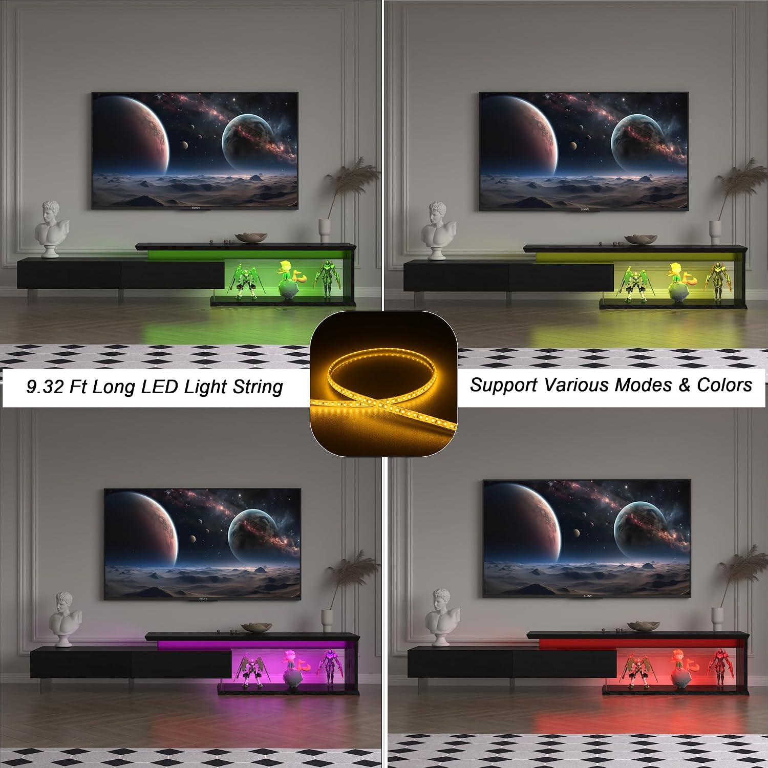 LED TV Stand for 65 75 85 Inch TV, Extendable Entertainment Center | 60 70 80 90 Inch TV Console Equipped with Light String, Two Pull-Down Door, TV Table for Living Room, Black