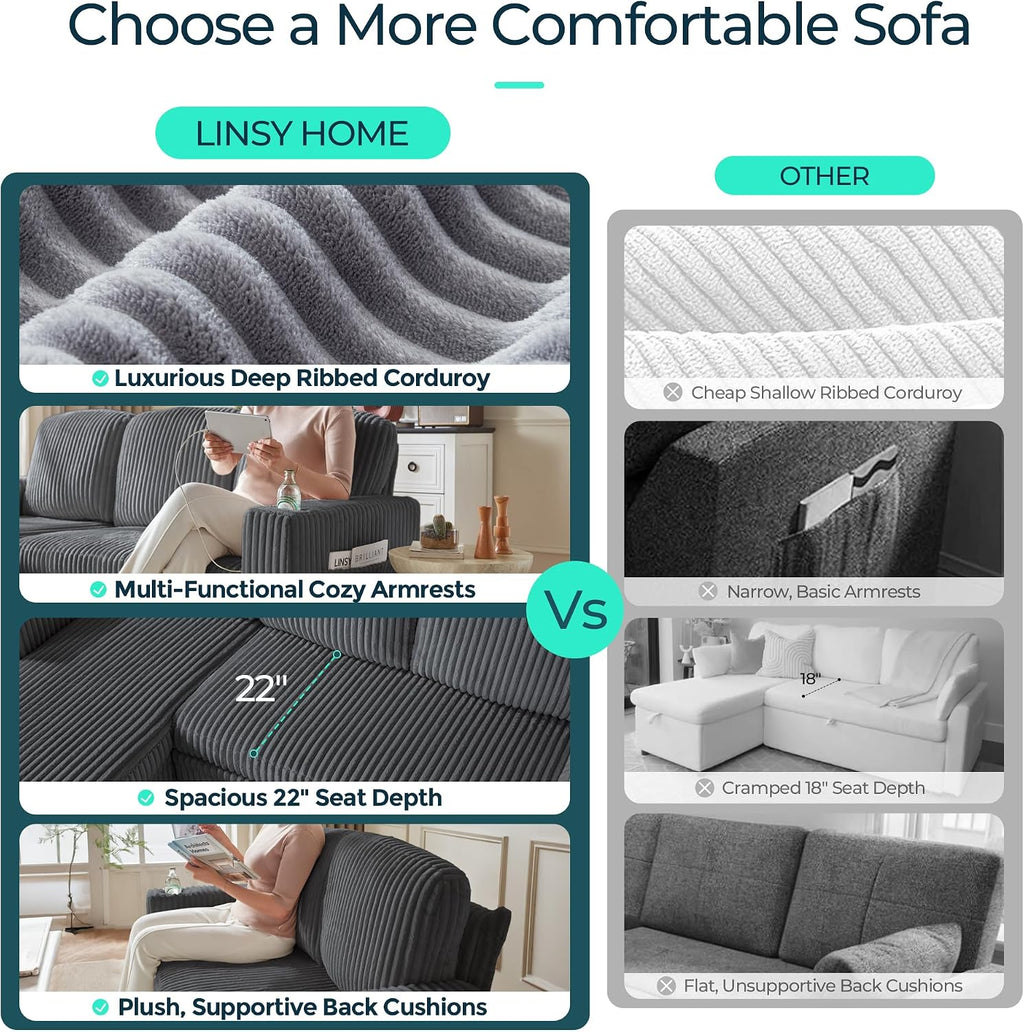 LINSY HOME Sectional Couches for Living Room, 81" L Shape 3 Seats, Grey | Sleeper sofa with pull out couch bed, corduroy couch with storage