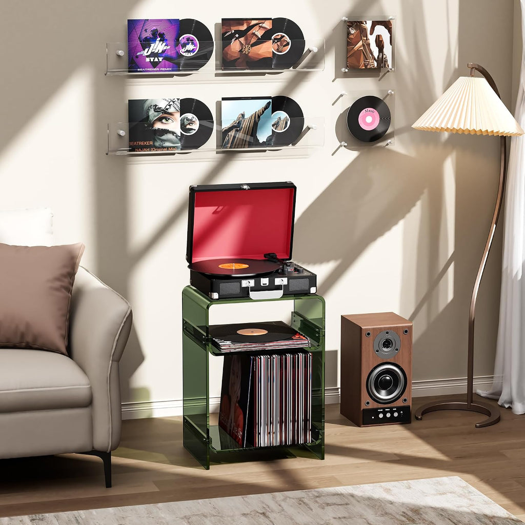 Acrylic Record Player Table with Storage Shelf, Clear Side Table Nightstand (Green, Medium)
