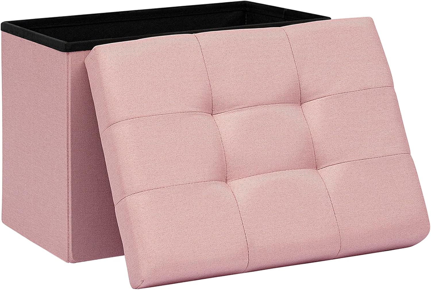 Folding Storage Ottoman, 16.5" Rectangular Footstool with Padded Tufted Lid, Collapsible Storage Footrest for Small Space, Living Room, Bedroom, Dorm, Pink