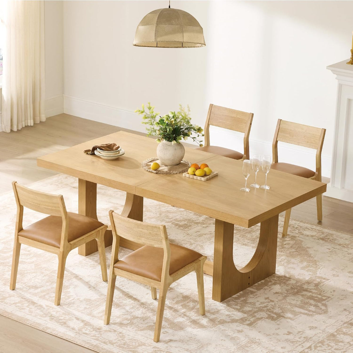 Watson & Whitely Wood Dining Chairs Set of 2, Modern Leather Upholstered Kitchen Chairs with Ergonomic Curved Backrest and Solid Wood Frame, Farmhouse Chairs for Dining Room, Living Room, Camel