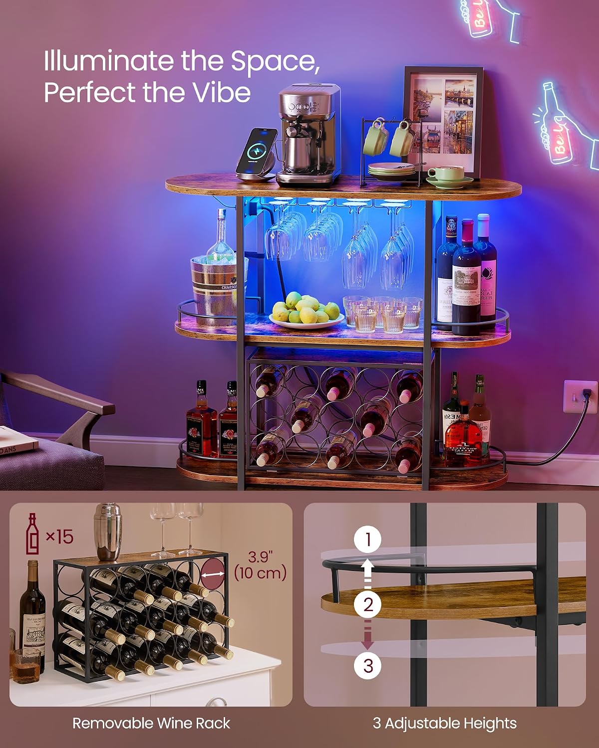 VASAGLE Bar Cabinets for Home, LED Coffee Bar with Power Outlets | Mini Bar for Liquor, Freestanding Wine Rack with Glass Holder, Dining Room, Rustic Brown, ISLAND Collection ULWR007K01S