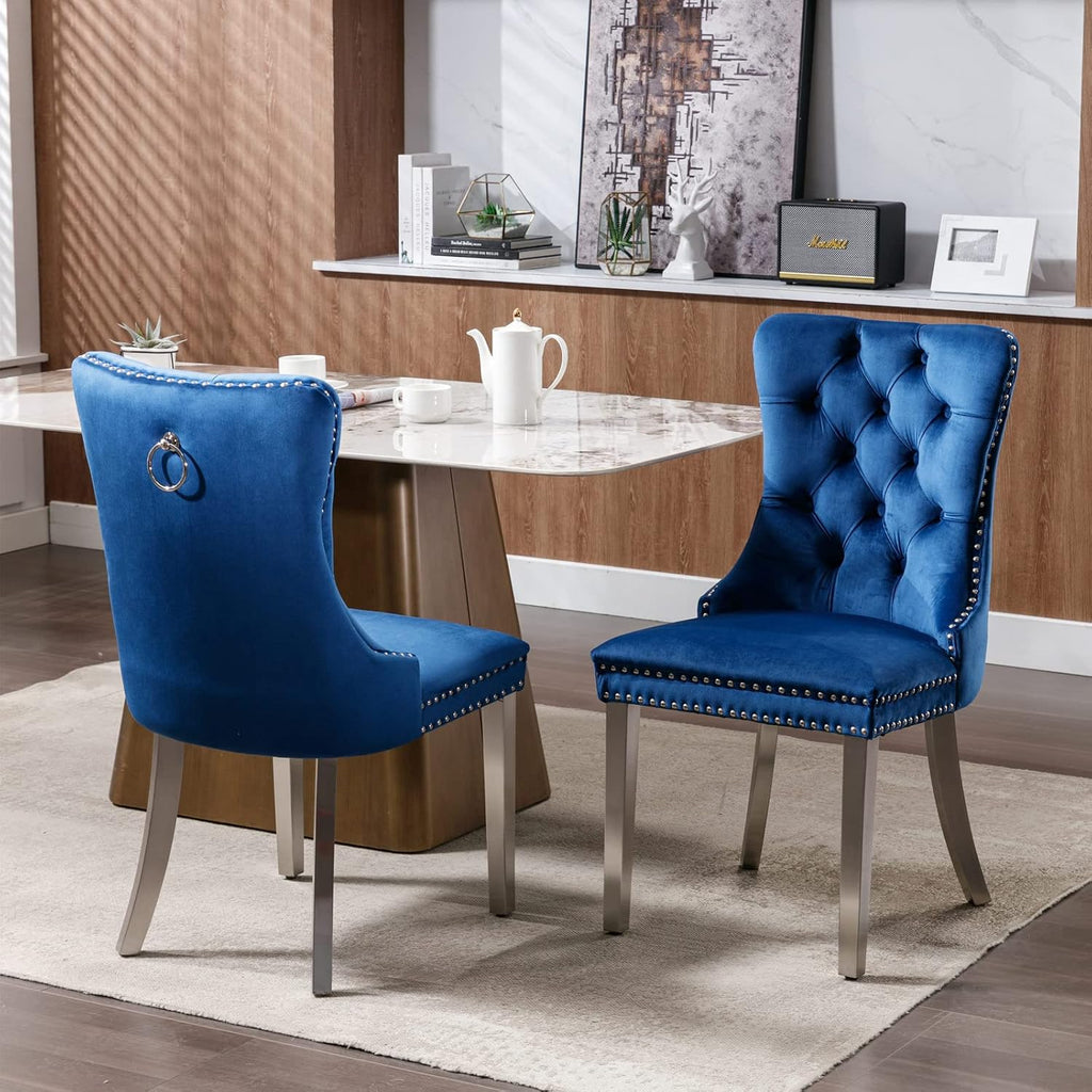 Modern Velvet Upholstered Dining Chairs Set of 4 - Tufted Back with Nailhead Trim & Silver Stainless Steel Legs for Kitchen, Dining Room, Living Room (Blue)