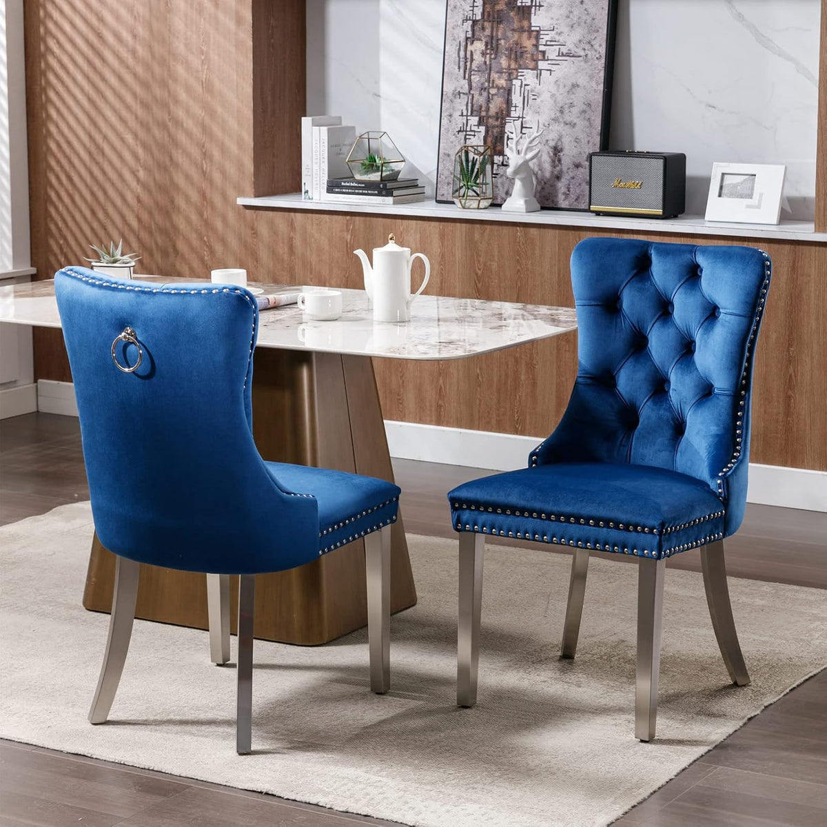 Modern Velvet Upholstered Dining Chairs Set of 4 - Tufted Back with Nailhead Trim & Silver Stainless Steel Legs for Kitchen, Dining Room, Living Room (Blue)