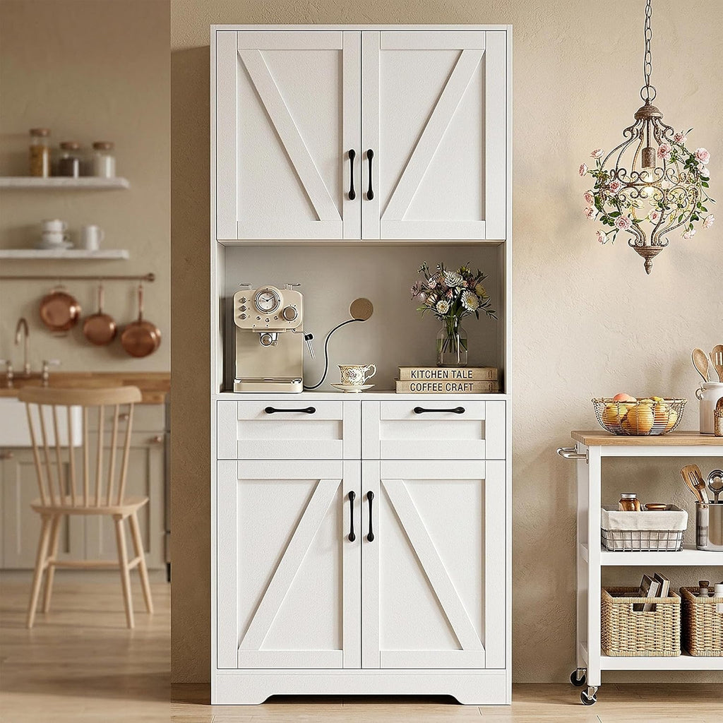 Tall Kitchen Pantry Cabinet with 2 Drawers, White Hutch Cabinet with Storage, Kitchen Pantry Storage Cabinet with Countertop and Adjustable Shelf, Tall Pantry for Kitchen