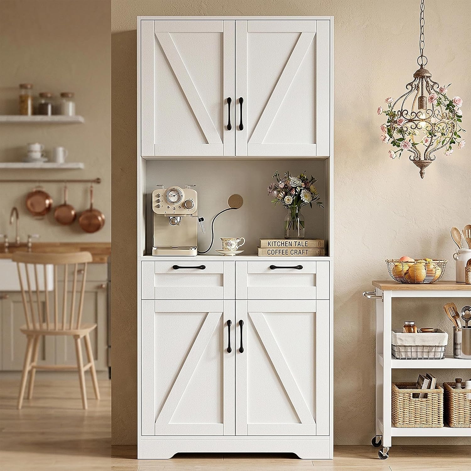 Tall Kitchen Pantry Cabinet with 2 Drawers, White Hutch Cabinet with Storage, Kitchen Pantry Storage Cabinet with Countertop and Adjustable Shelf, Tall Pantry for Kitchen