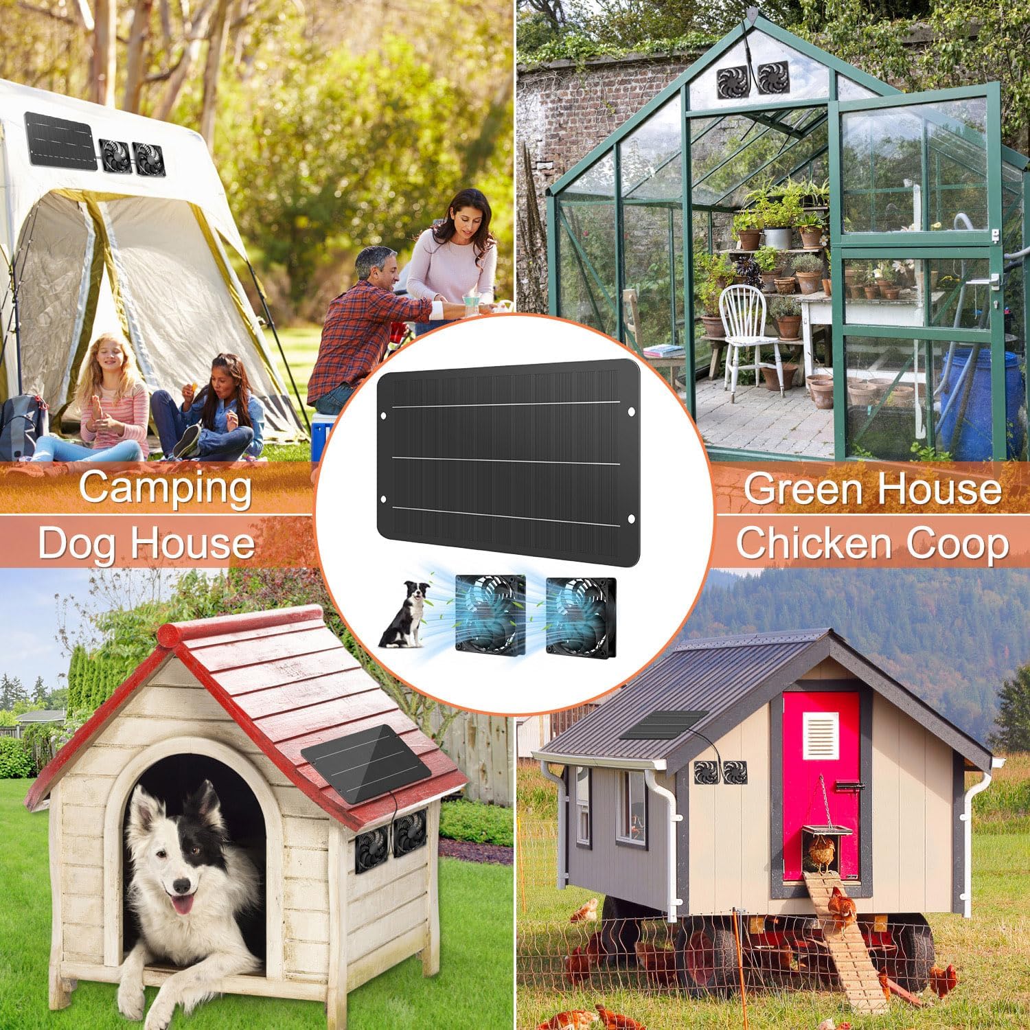 Solar Powered Fan Kit 12.6 Inch IPX7 Weatherproof, 15W Solar Panel with 2 Waterproof Fans, Intake or Exhaust Air Fan for Outside Backyard Chicken Coops, Greenhouses, Doghouse