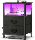 Huuger Night Stand with Charger Station and LED Lights, 2 Drawer Nightstand, Bed Side Table with Open Shelf, End Table, Fabric Drawers for Bedroom, Black