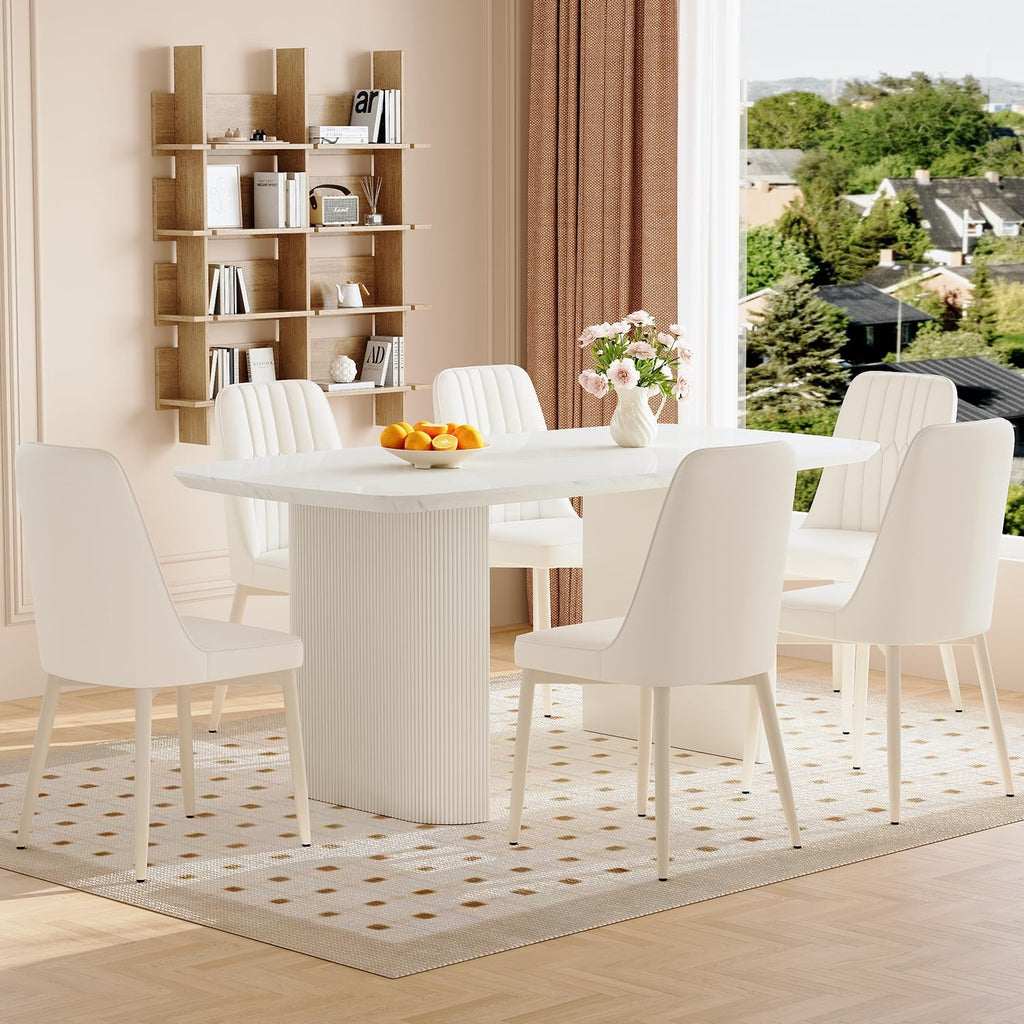 TesNus White Dining Table Set for 6, 67" Modern Marble Dining Table Set for Family Dining Room, Cream White Oval Table Set with Beveled 3.5" Top & Roman Column Pedestal Base, Easy 4-Screw Assembly