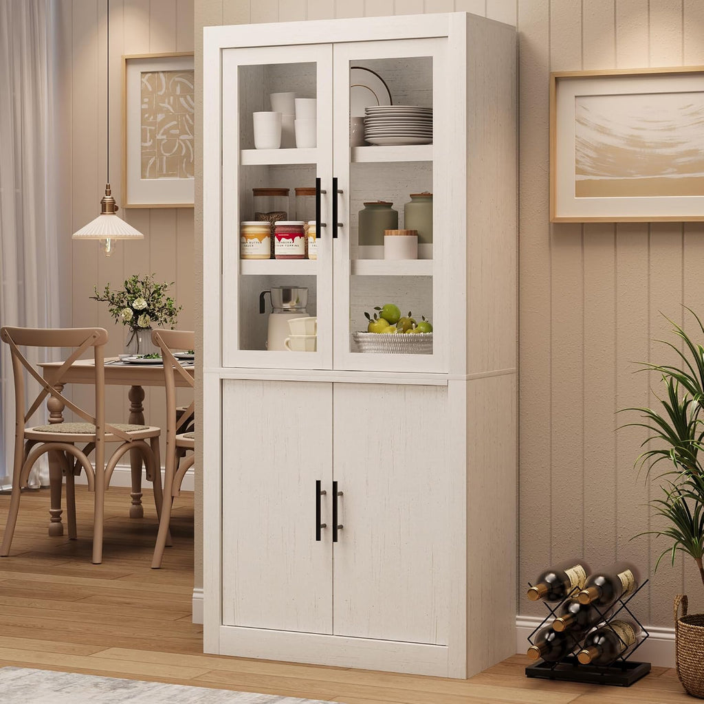 Tall Kitchen Pantry Cabinet, Farmhouse Kitchen Pantry Storage Cabinet Wood, 70.45" Large Cupboard with 4 Doors & Adjustable Shelves for Kitchen Storage, Dining, Office, Rustic White
