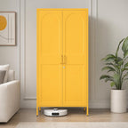 67 Inch Lockable Yellow Steel Wardrobe Storage Cabinet, Freestanding Metal Armoire Locker with Hanging Rod and Adjustable Shelves, Heavy Duty Clothing Storage Locker for Bedroom Apartment Home Use