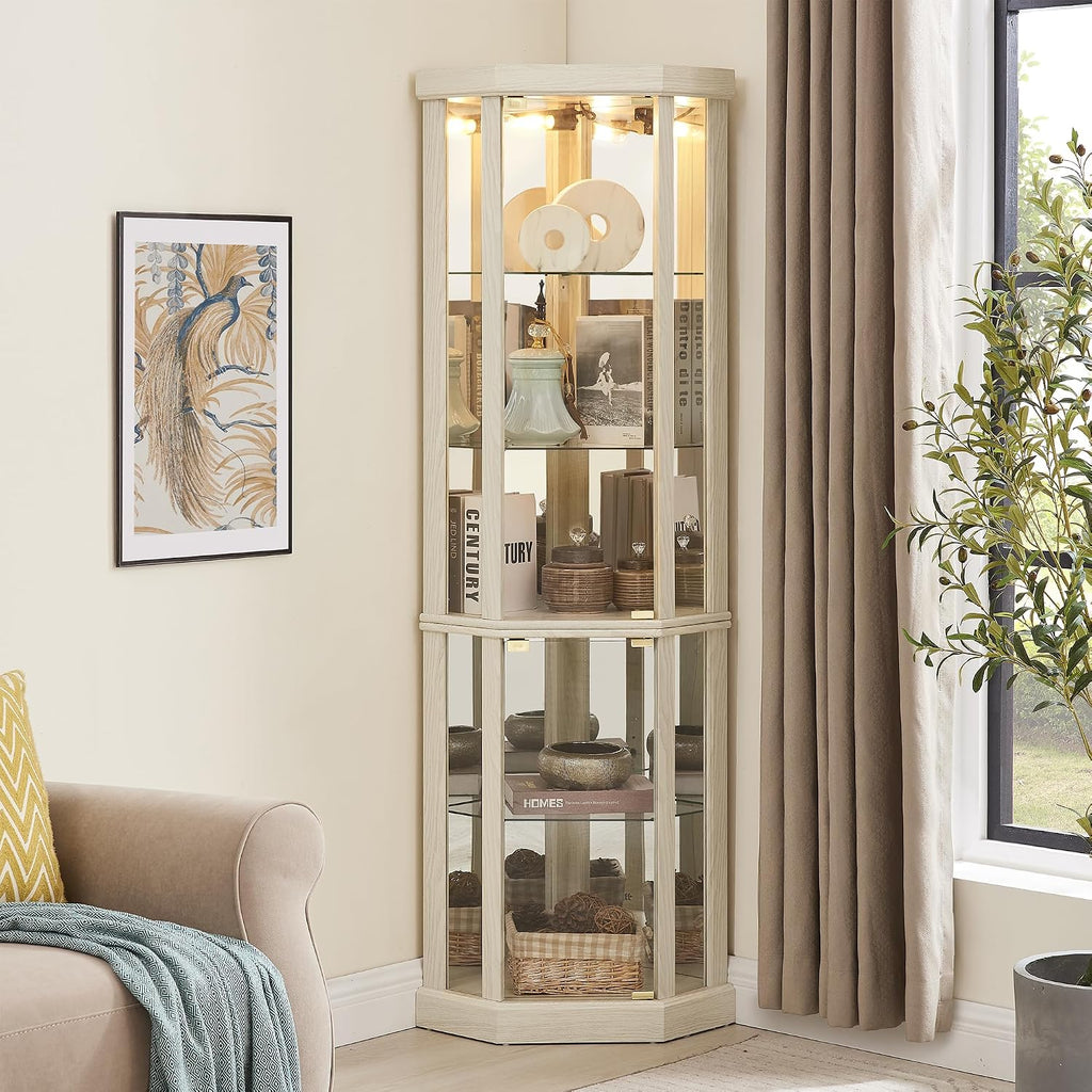 69" H Lighted Curio Cabinet Corner Display Case, Corner Glass Case with Adjustable Shelves and Tempered Glass, Wooden Curio Cabinet w/Mirrored Back Pane for Living Room
