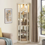 69" H Lighted Curio Cabinet Corner Display Case, Corner Glass Case with Adjustable Shelves and Tempered Glass, Wooden Curio Cabinet w/Mirrored Back Pane for Living Room