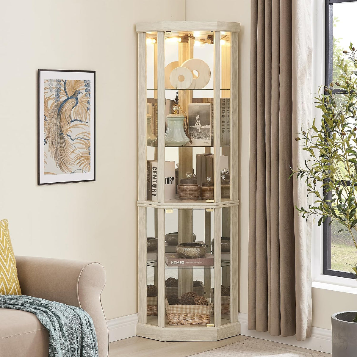 69" H Lighted Curio Cabinet Corner Display Case, Corner Glass Case with Adjustable Shelves and Tempered Glass, Wooden Curio Cabinet w/Mirrored Back Pane for Living Room
