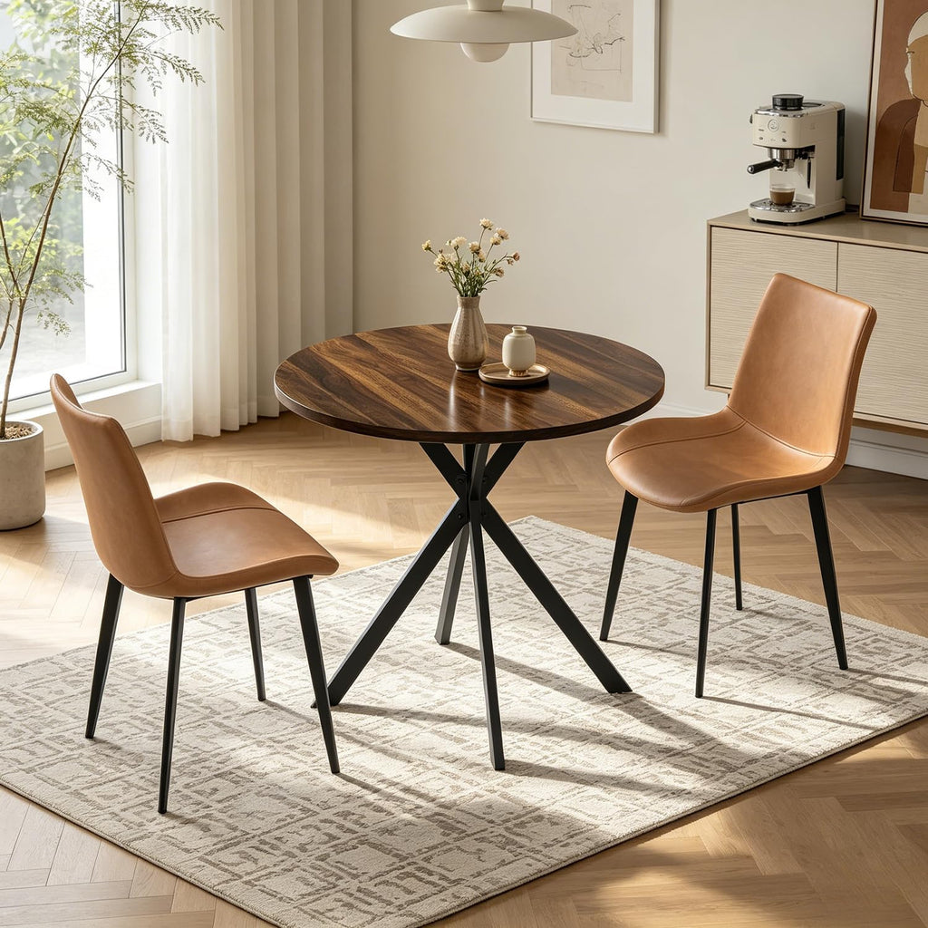 31.5" Round Dining Table and Chairs Set for 2, Small Dining Table Chairs Set Space-Saving, Small Dinette Sets for 2 for Kitchen Dining Room Apartment(Walnut Table + Brown Chairs)