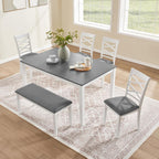 Merax 6-Piece Modern Dining Table Set with Chairs and Bench, Wood Kitchen Table Set for 4-6, Rectangular Kitchen Dining Table for Dining Room, Kitchen, Small Apartment, White+Gray