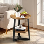 PPAMAPIC Round End Table, 2 Tier Side Table with Storage Shelf, Nightstand Accent Table for Living Room Bedroom Small Space, Black Metal Frame, 19.7" D x 23.6" H, Rustic Brown