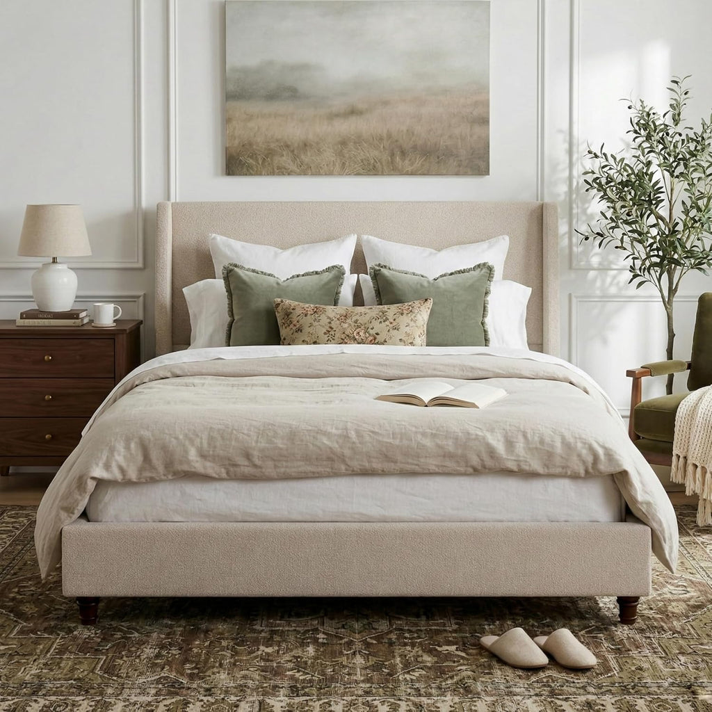 Queen Size Upholstered Bed Frame, 52.7" High Headboard Wingback Bedframes with Solid Wood Retro Legs, Sturdy Metal & Wooden Slat Support/No Box Spring Needed/No Noise, Clay Taupe Boucle