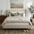 Queen Size Upholstered Bed Frame, 52.7" High Headboard Wingback Bedframes with Solid Wood Retro Legs, Sturdy Metal & Wooden Slat Support/No Box Spring Needed/No Noise, Clay Taupe Boucle
